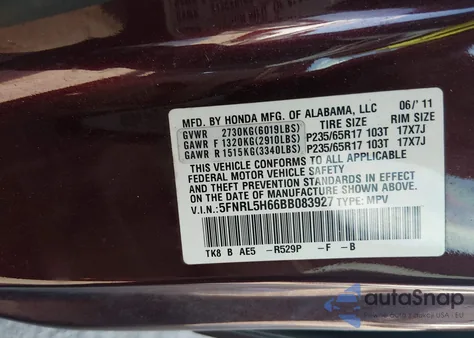 2011 Honda Odyssey Ex-L z USA, uszkodzony, nr VIN 5FNRL5H66BB083927